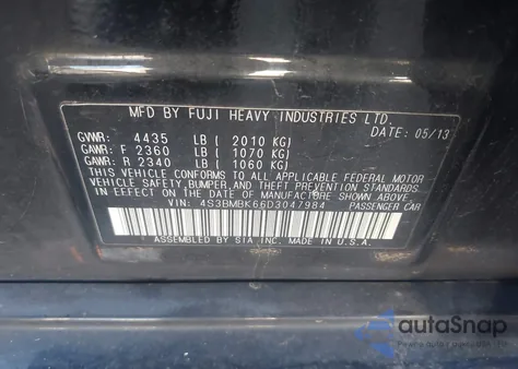 2013 Subaru Legacy 2.5I Limited из США, поврежденный, VIN 4S3BMBK66D3047984